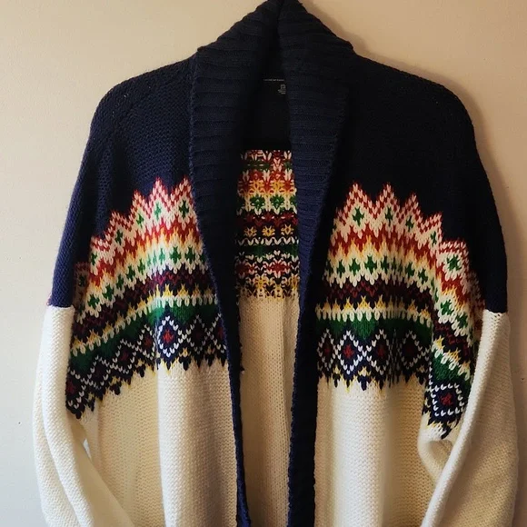 American Eagle Fair Isle Cardigan Chunky Knit Cream Navy Pockets, Size Xxl - Picture 3 of 12